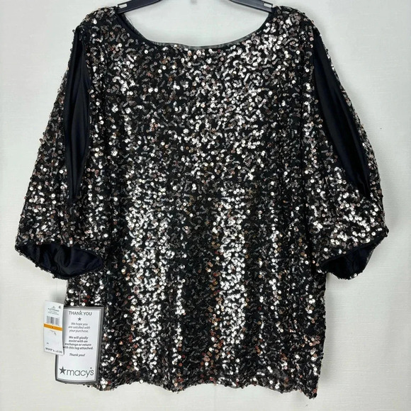 NWT Alex Evenings Black Silver Sequin Party Disco Off Shoulder Formal Blouse S - Picture 4 of 10